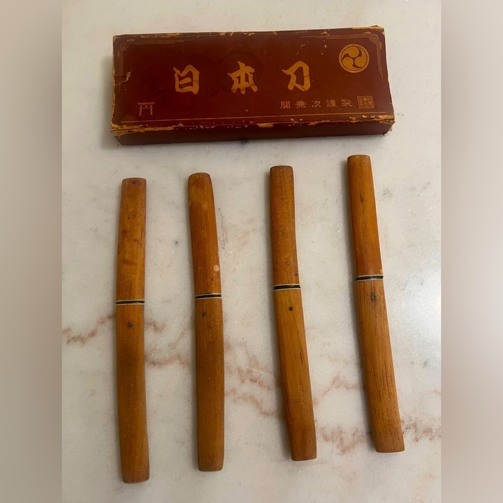 Vintage Kanenari Seki Knives with Bamboo Sheath Mid Century Japanese Unique Rare